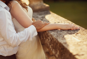 The brides embracing near castle