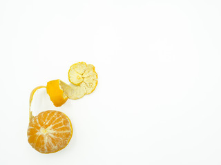 Slice of orange on isolated white background, top view, copy space