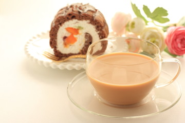 swiss roll and milk tea