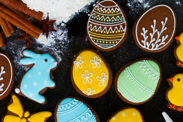 Cooking easter iced cookies - close up top view