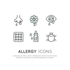 Vector Icon Style Illustration Card Logo Set Allergens, Season or Spring Illness, Unwell, Allergy and Intolerance, Simple Isolated Symbols for Web and Mobile App