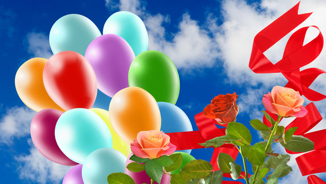 Image of beautiful flowers and colorful balloons on sky background.