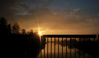 Sunrise over the river from bridge. Slovakia