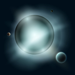 Star with Satellites, Sun with Planets in Space, Blue Light of Stars in Universe, Abstract Background, Vector Illustration