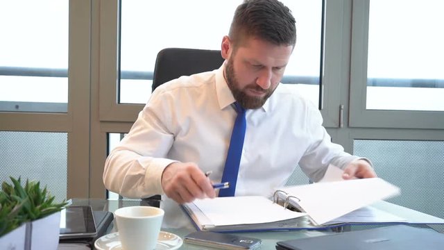 Businessman browsing documents, making notes in ring binder in office, portrait
