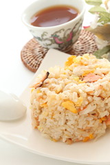 Chinese food, salmon and egg fried rice with tea