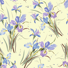 Seamless floral pattern with bouquets of blue irises on a yellow background.