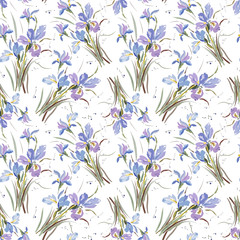 Seamless floral pattern with bouquets of blue irises