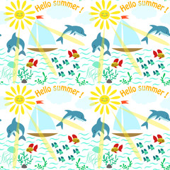 Fototapeta na wymiar Seamless pattern on summer sea theme with the inscription Hello summer.