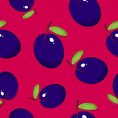 Seamless Pattern of Plum, Fruit Berry Pattern on Pink Background, Vector Illustration