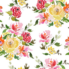 Seamless pattern with bright abstract summer flowers in bouquets.