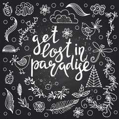 hand drawn summer themed phrases. Modern style lettering. Get lost in paradise.