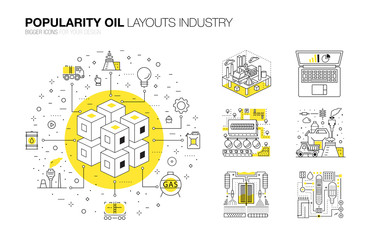 Popularity modern layouts oil industry in new flat line style with gas station electrical, petrol technology and refinery systems development. infographics strategy program. Pictogram for design.