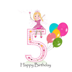 Happy fifth birthday greeting card. Cute fairy tale 