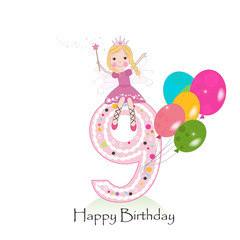 Happy ninth birthday greeting card. Cute fairy tale