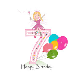 Happy seventh birthday greeting card. Cute fairy tale 