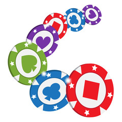 Naklejka premium Vector poker chips on a plain background. Red, blue, volet, green colors chips for casino game.