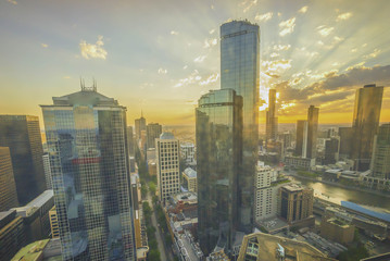 An aerial view of Melbourne cityscape including Yarra River and