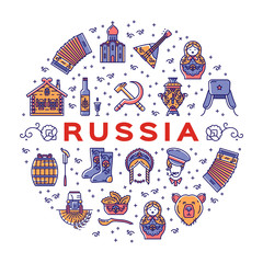 Russian line icons circle infographics. Russian traditional symbols - flag, food, matryoshka doll, vodka, samovar, balalaika, bear, USSR, ornament and etc. Vector colorful poster postcard