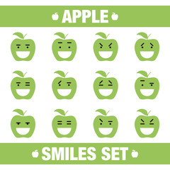 vector illustration with funny green apple flat character smile set on white background.Cute flat green apple smile character set