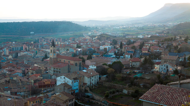view of old Catalan town in sunset. Berga