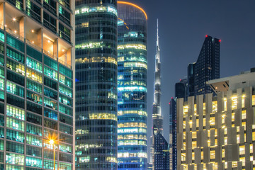 Skyscrapers of Dubai at night. View from the road.