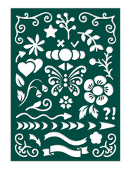 Laser cut template for planner notebook or journal dairy stencil. Arrows, dividing lines, flowers, openwork corners, butterfly, heart, branch, leaf, bud, symbols for fields notes. Vector illustration.