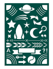 Laser cut template for planner notebook or journal dairy stencil. Arrows, dividing lines, planet, stars, moon, comet, Yin Yang, quotes, magnifier, symbols for fields notes. Vector illustration.