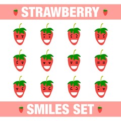 vector illustration with funny strawberry  flat character smile set on white background.Cute flat strawberry smile character set