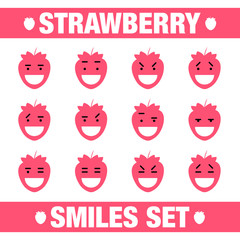 vector illustration with funny strawberry  flat character smile set on white background.Cute flat strawberry smile character set
