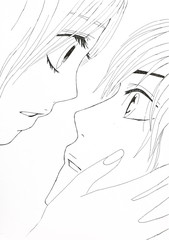Drawing in the style of anime. Image enamored girl and the guy in the picture in the style of Japanese anime.