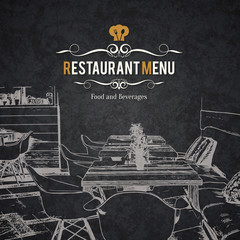 Restaurant menu design. Vector menu brochure template for cafe, coffee house, restaurant, bar. Food and drinks logotype symbol design. With a sketch pictures - 137069567