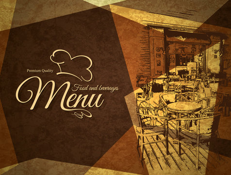 Restaurant menu design. Vector menu brochure template for cafe, coffee house, restaurant, bar. Food and drinks logotype symbol design. With a sketch pictures