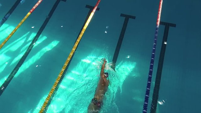 Flight over male swimmer swims in a pool HD aerial video. Front crawl freestyle. Professional athlete training on water lane