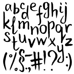 Hand-drawn black lowercase letter Alphabet and signs