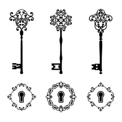 Vintage keys and keyholes set in black color isolated on white.
