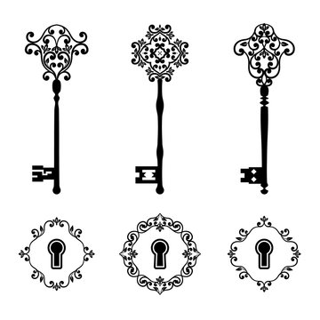 Vintage keys and keyholes set in black color isolated on white.