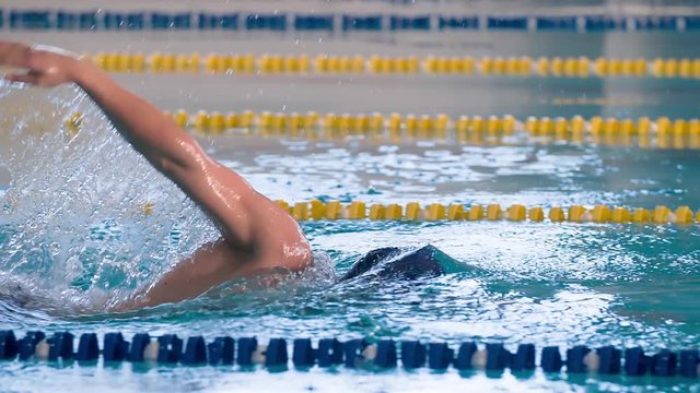 Male swimmer swims in pool HD slow-motion video. Front crawl freestyle training of professional athlete. Water splashing. Side view
