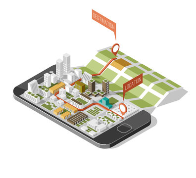 City isometric plan with road and buildings on smart phone. Map on mobile application. 3d vector illustration. 