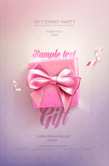 Pink Festive flyer or poster. Top view on gift box and bow with beautiful backdrop