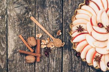 Apple pie tart on rustic wooden background. Ingredients - apples and cinnamon .Top view.