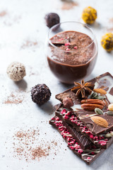 Stack of chocolate bars praline truffle and mousse
