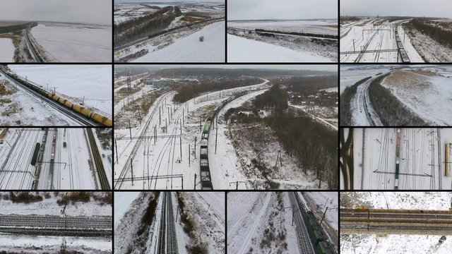 Freight Trains Passing. Aerial. Multiscreen montage 4K