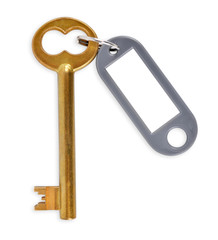 Golden door key isolated on white background