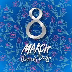 March 8 greeting card. International Womans Day. vector. blue background. flower tulip