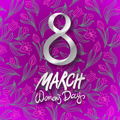 March 8 greeting card. International Womans Day. vector. pink background. flower tulip