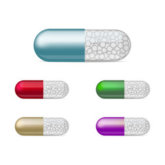 Set of medical capsule with granules. Vector illustration