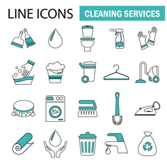 set of vector line icons for cleaning service in two colors with gloves, washing machine, brush, foam, vacuum cleaner, hanger, spray etc.