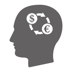 Isolated male head with a dollar euro exchange sign