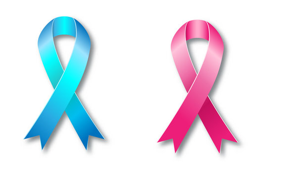 vector set of icons for breast cancer awareness pink ribbon and prostate cancer awareness blue satin ribbon